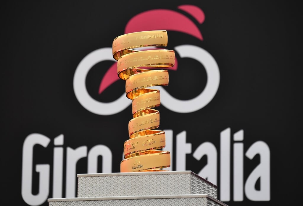 2020-10-05 13:05:56 epa08721934 The Trophy is seen on the signature podium of the 3rd stage of the 2020 Giro d'Italia cycling race over 150 km from Enna to Etna in Sicily, Italy, 05 October 2020.  EPA/LUCA ZENNARO