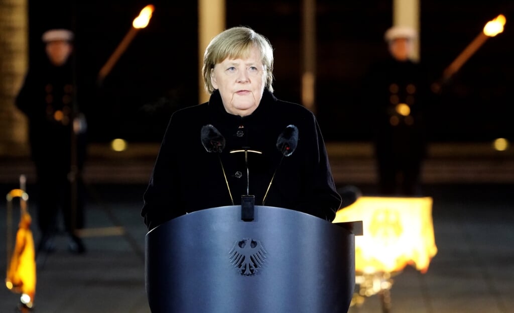 Angela Merkel sprak tijdens een plechtige afscheidsceremonie in Berlijn.