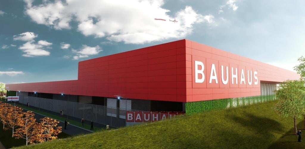 Het ontwerp van de nieuw te realiseren Bauhaus langs de A1 in Amersfoort.