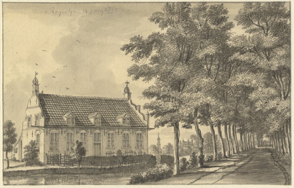 Royestyn met op de achtergrond Kasteel Amerongen door de Beijer in 1750.