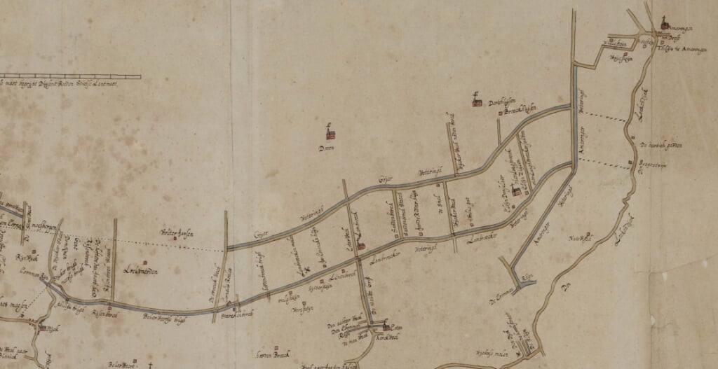 Detail van de kaart door Ruys uit ca.1640 van de drie wegen van Utrecht naar het drosthuis in Amerongen. Rechtsboven Zuylestein, Waayestein, Rodesteyn en Kasteel Amerongen