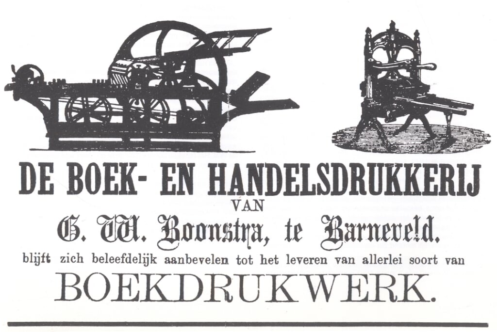 Een advertentie van Boonstra, waarin hij zichzelf aanbeval voor boekdrukwerk.