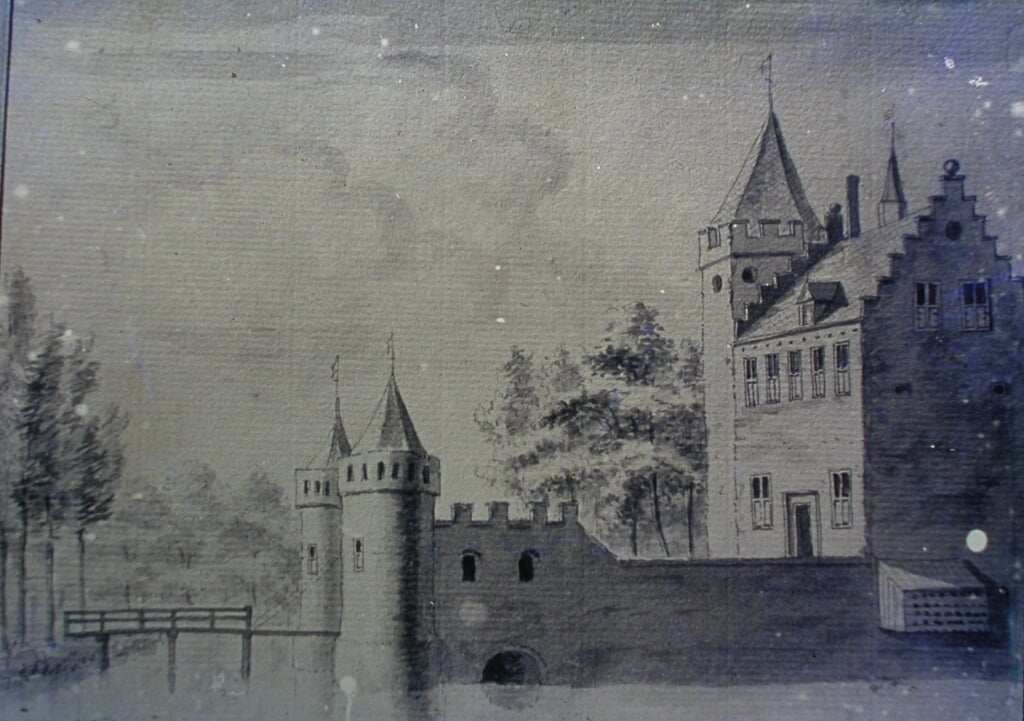 Tekening van kasteel "Burgwal, in 1671 in eigendom verkregen door Hendrik van Nassau-Ouwerkerk, inclusief de heerlijkheid.