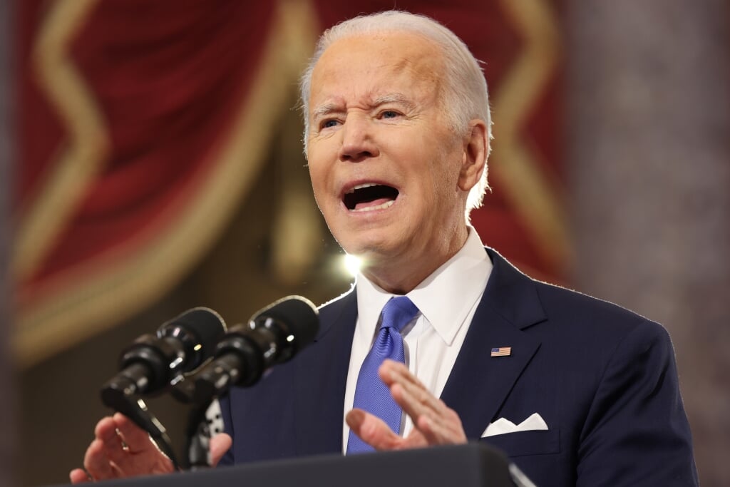 VS-president Joe Biden  tijdens zijn toespraak ter herdenking van de bestorming van het Capitool vorig jaar. 
