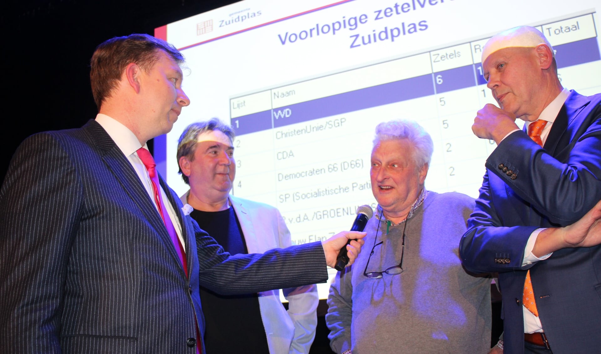 Burgemeester Gert-Jan Kats, Paul van Drenth (NEZ), Johan Helmer (PvdA/GroenLinks) en Jan Hordijk (VVD).