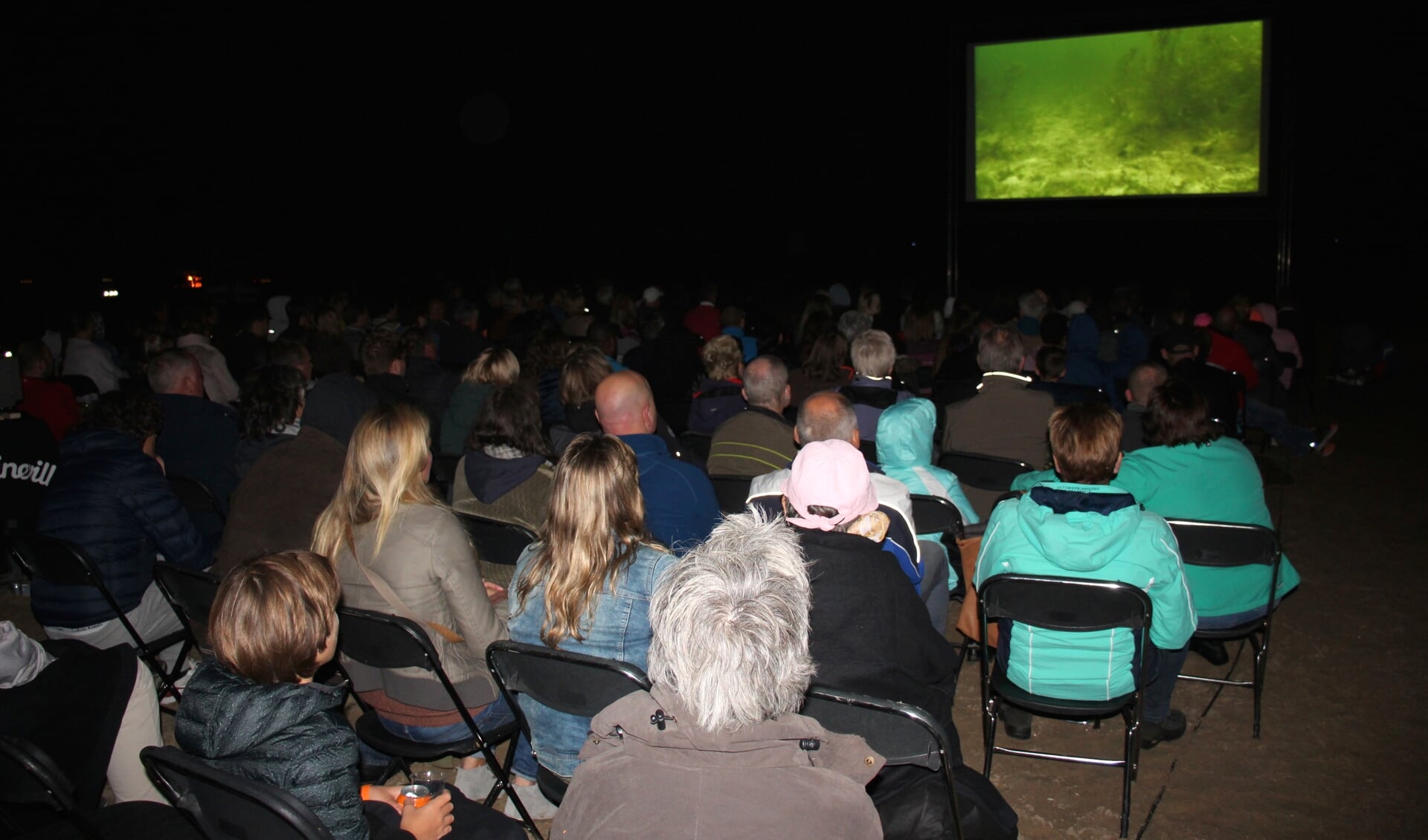 Op het donkere strand zagen zo'n 250 mensen zaterdag de film. (foto en tekst: Erik van Leeuwen)