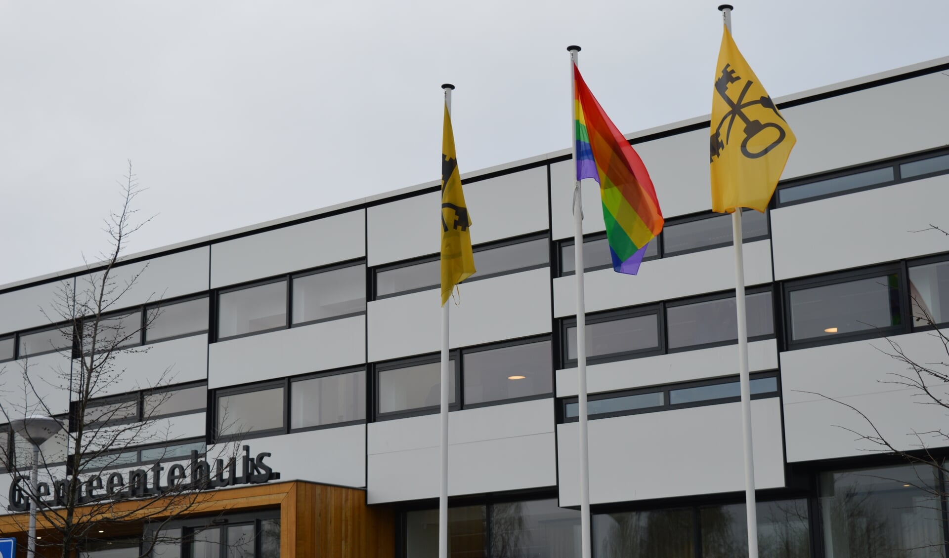 De Regenboogvlag wapperend bij het gemeentehuis, hier in 2019.