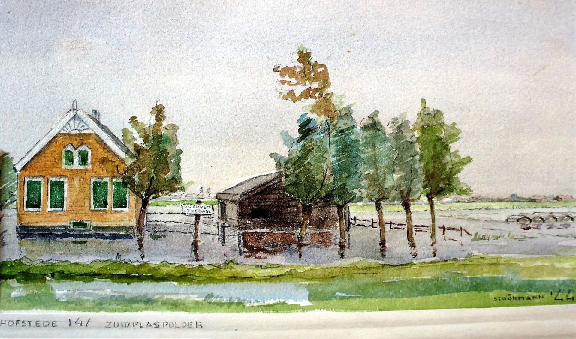 Aquarel uit 1944 met de boerderij van Van Wageningen aan de Parallelweg-zuid.