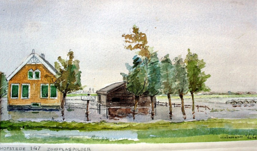 Aquarel uit 1944 met de boerderij van Van Wageningen aan de Parallelweg-zuid.