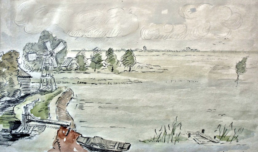 Aquarel uit 1944 bij het gemaal van de polder Esse, Gans- en Blaardorp (latere Hitlandgebied).