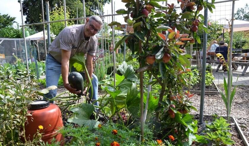 Hans Ros toont een reuze courgette. Meer info is te vinden op Faceboek via Moes-Tuin van Waddinxveen.