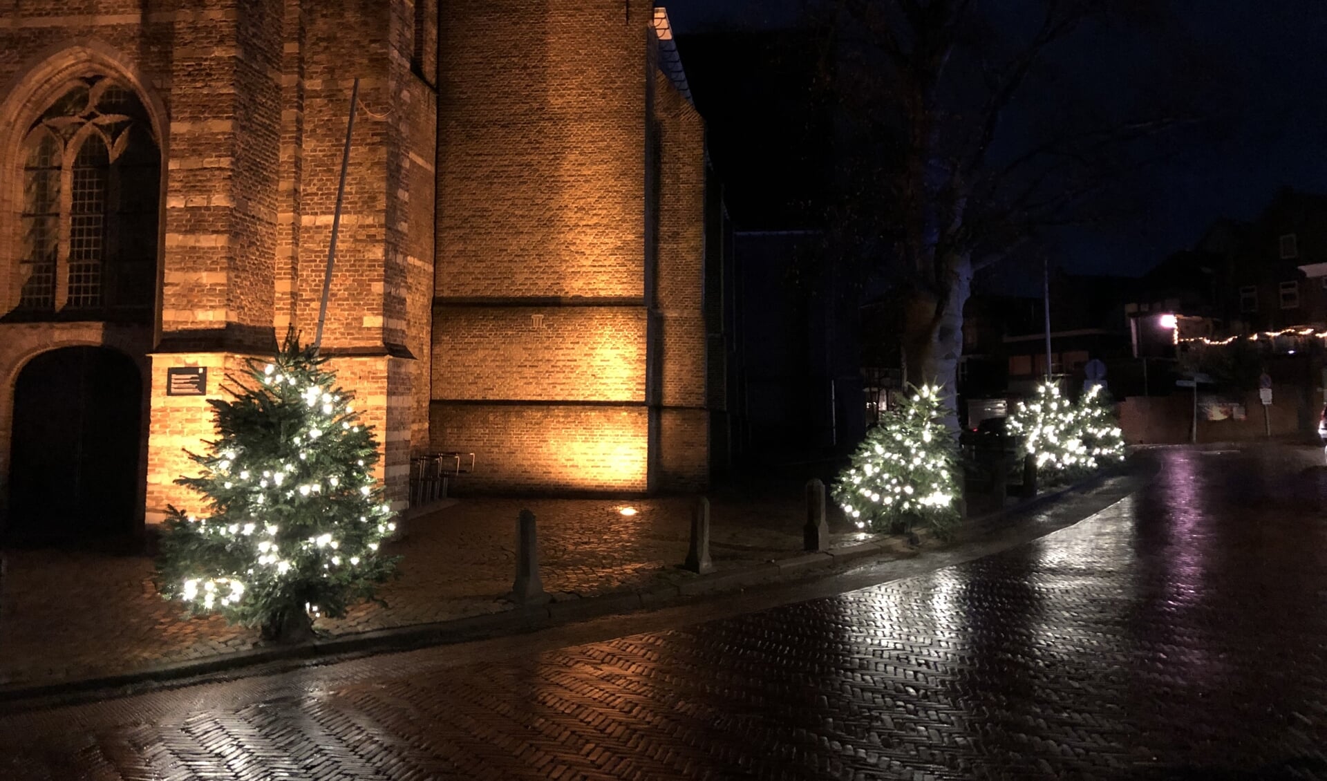 Zo stonden de kerstbomen er vorig jaar bij, rondom de kerk in Moordrecht.