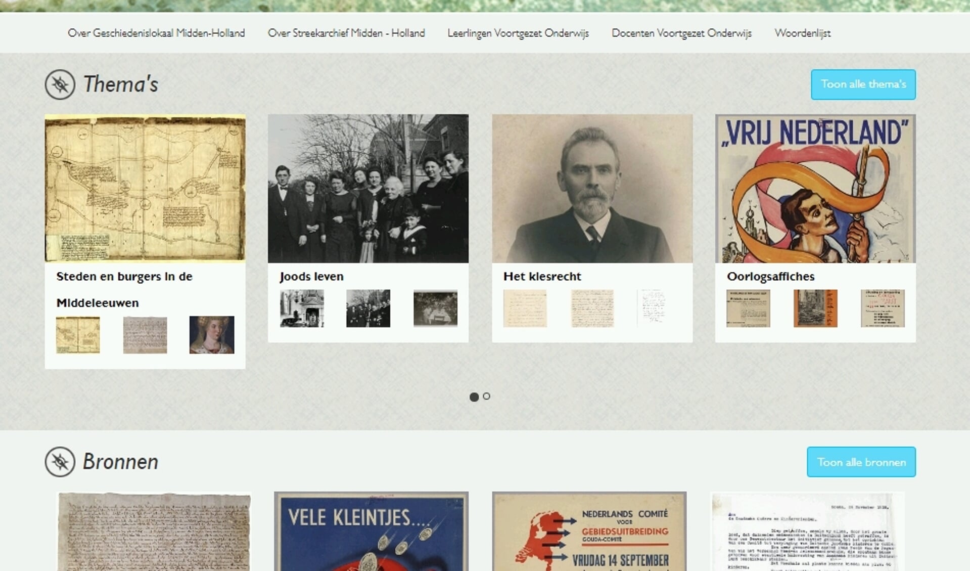 Schermafbeelding van de homepage van de website Geschiedenislokaal Midden-Holland.