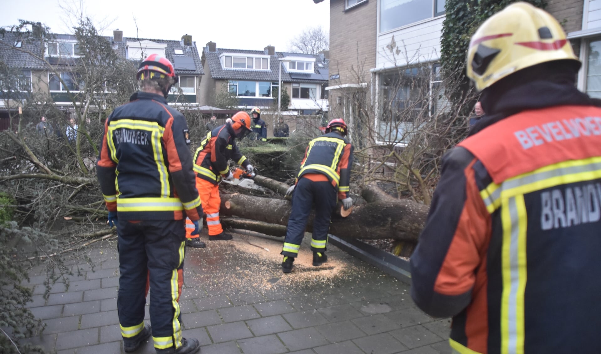 De brandweer hakt de omgevallen boom in stukken. (foto: Rens den Ouden/112hm.nl)