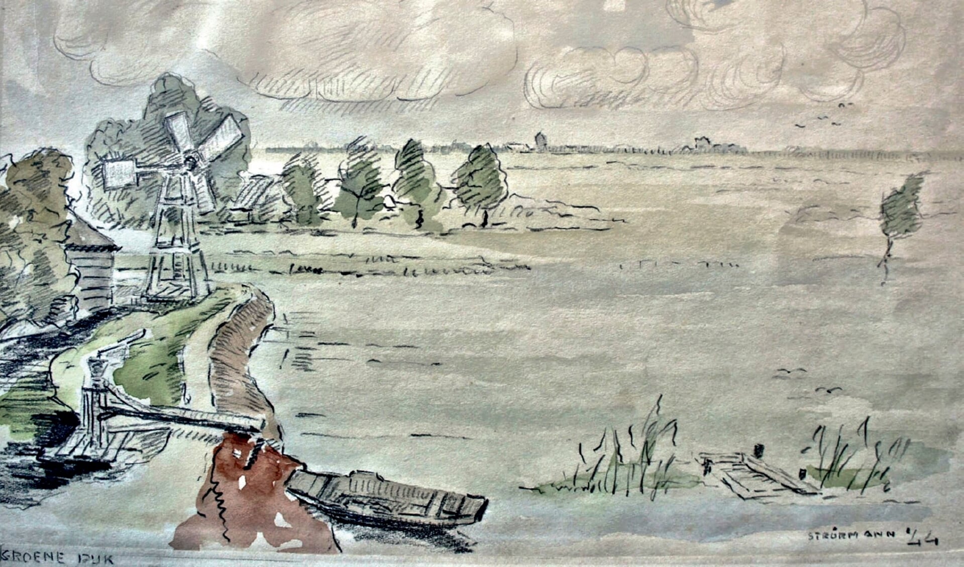 Aquarel van het gemaal van de polder Esse, Gans- en Blaardorp. Wim Strörmann (1899-1961) werd op pad gestuurd om de inundatie vast te leggen, eerst op tekening en daarna als aquarel.