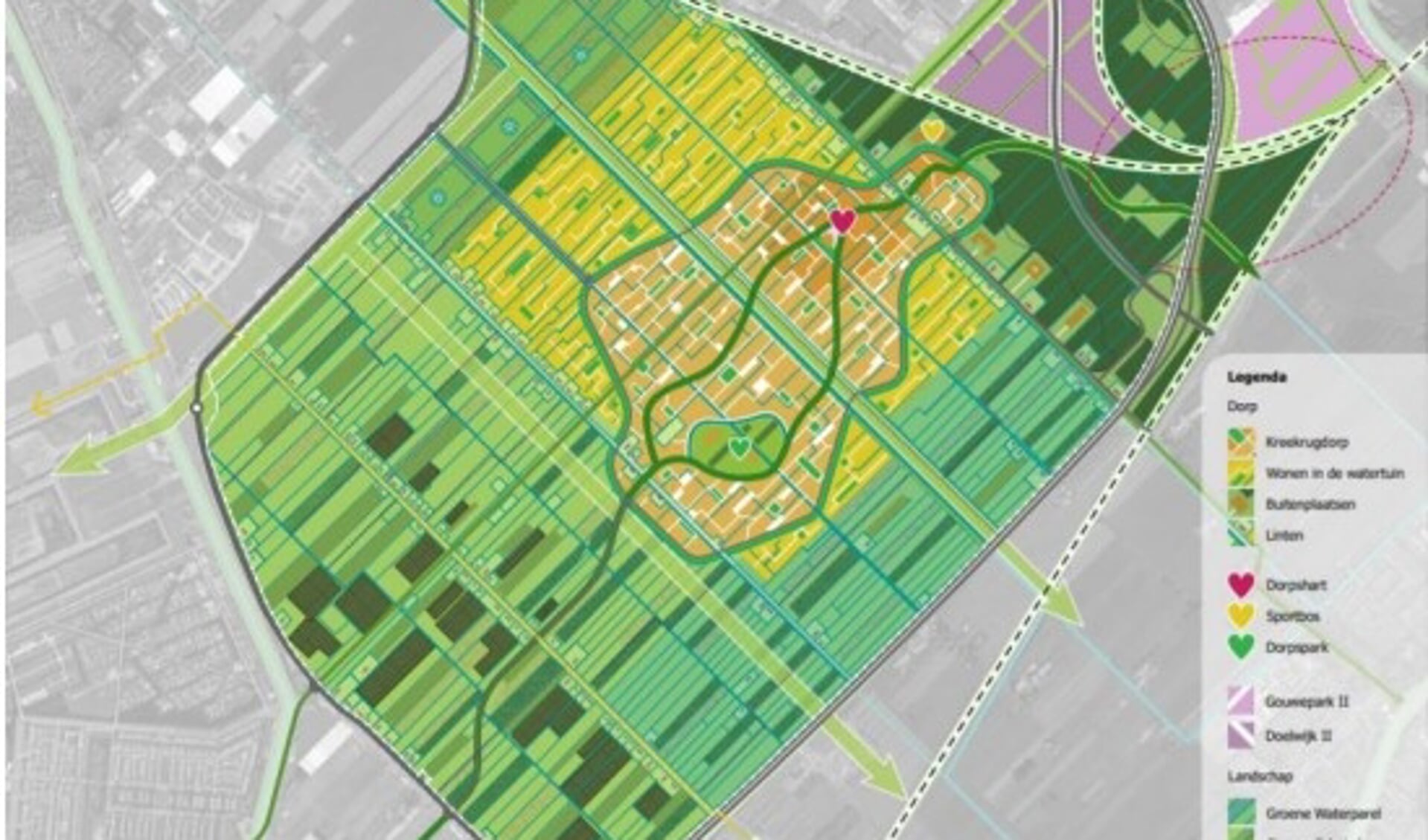 Kaart van het beoogde Vijfde Dorp uit het Masterplan Middengebied Zuidplaspolder.