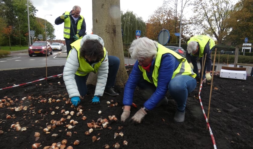 <p>Marijke Brunklaus en Aleid Abels planten bollen.</p>