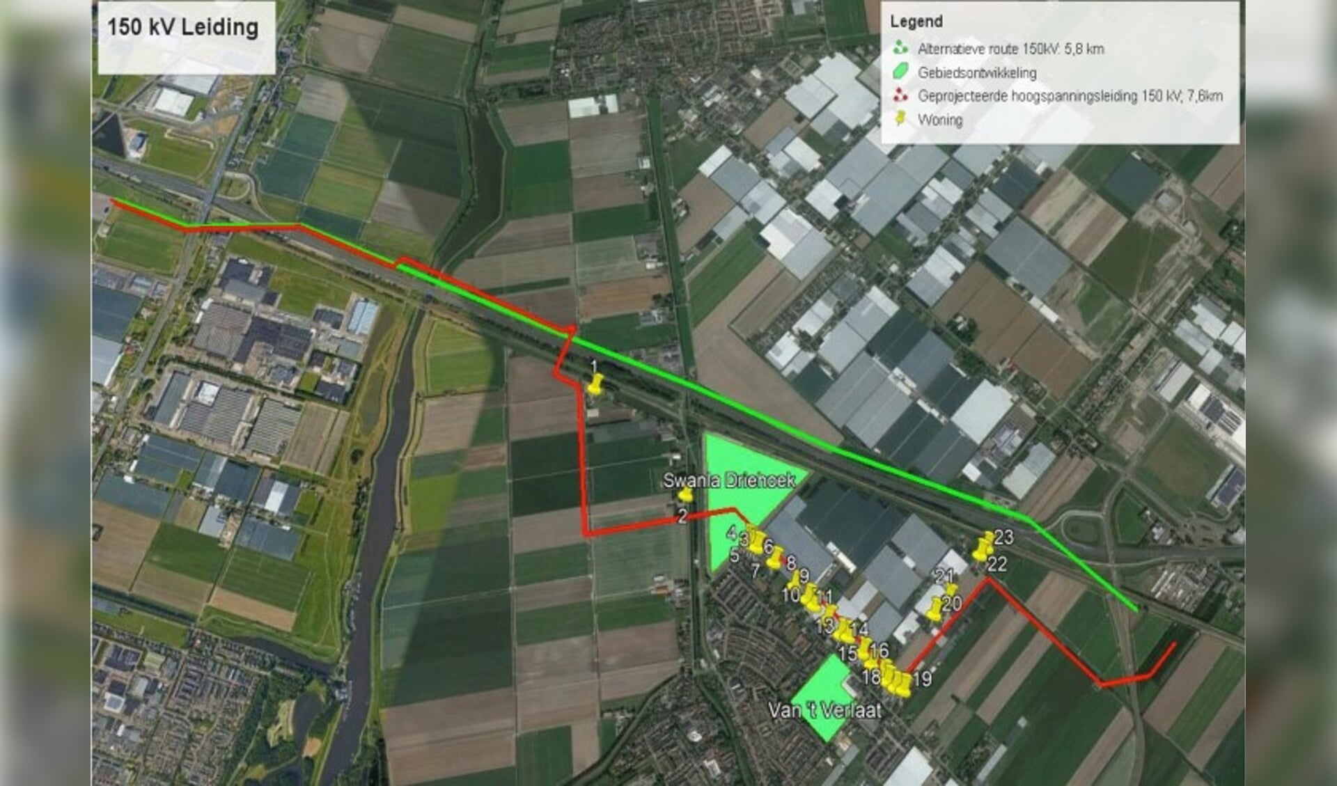 PvdA/GroenLinks heeft het door de inwoners aangegeven tracé (groene lijn) ingetekend op een kaart.