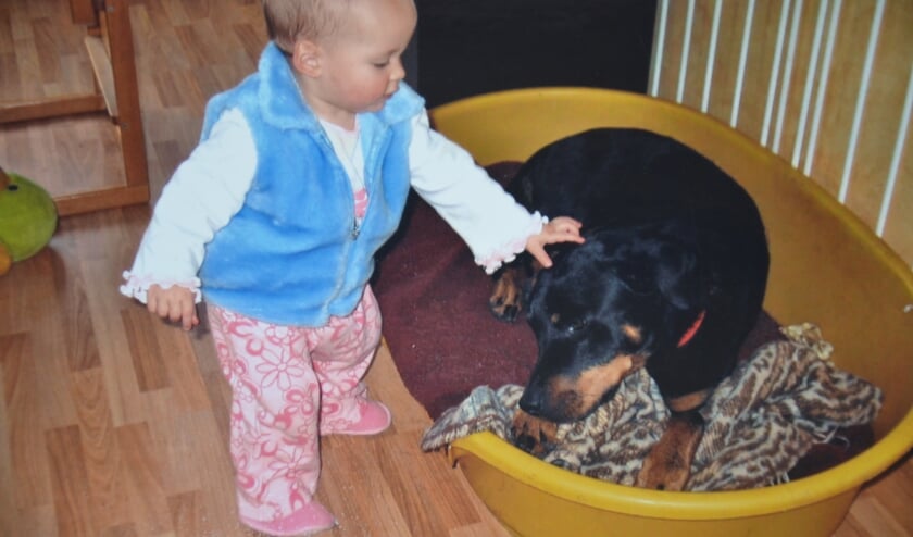 <p>Channah, op de foto 1 jaar oud, is met honden opgegroeid en kan lezen en schrijven met dieren. </p>