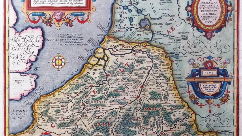 Een landkaart van Nederland en België uit 1594.