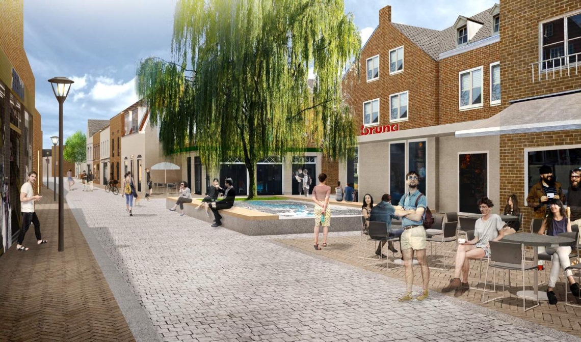 Een impressie van de Rechterstraat zoals die er volgens MTD Landschapsarchitecten in de toekomst uit zou kunnen zien. Het is één van de deelprojecten van Boxtel Binnen de Bruggen.