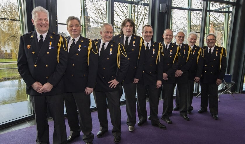 Hendrie Koppen, Jos Sanders, Ad Traa, Carlus van der Vleuten, Mark Oerlemans, Edward Traa, Frans van Esch, Tiny van de Sande en Ad van de Laar. | Fotonummer: 6c04cc