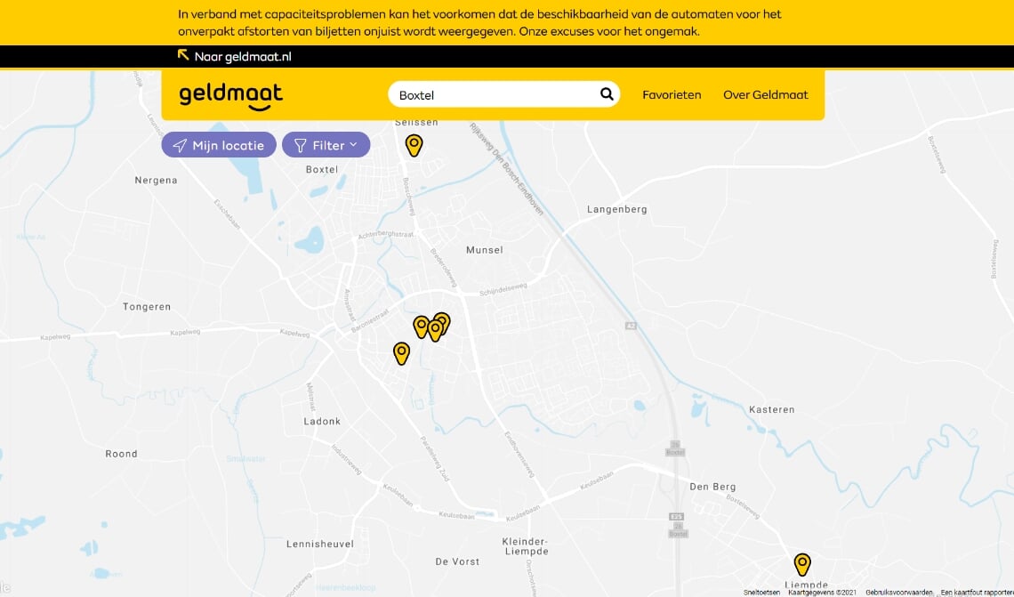 De beschikbaarheid van Geldmaat automaten op dit moment.