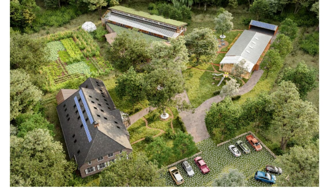 <p>Een impressie van hoe 'Plaetse Zuid' eruit kan komen te zien, met links de Van Coothhoeve, midden achter het bezoekerscentrum en rechts de veldschuur. Overigens wordt de tuin linksboven in de tekening een parkeerplaats voor het appartementencomplex.</p>
