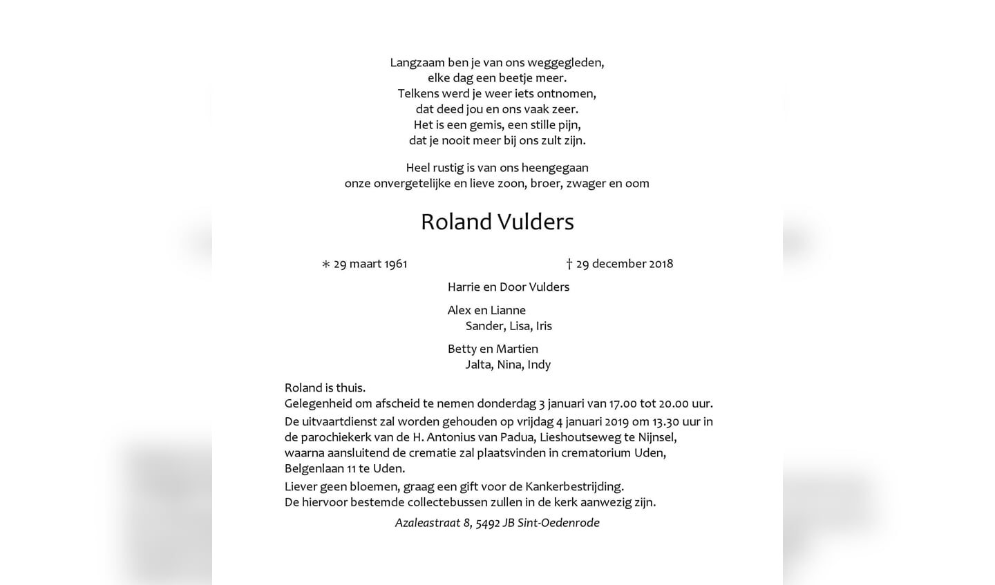 Overlijdensbericht Roland Vulders.