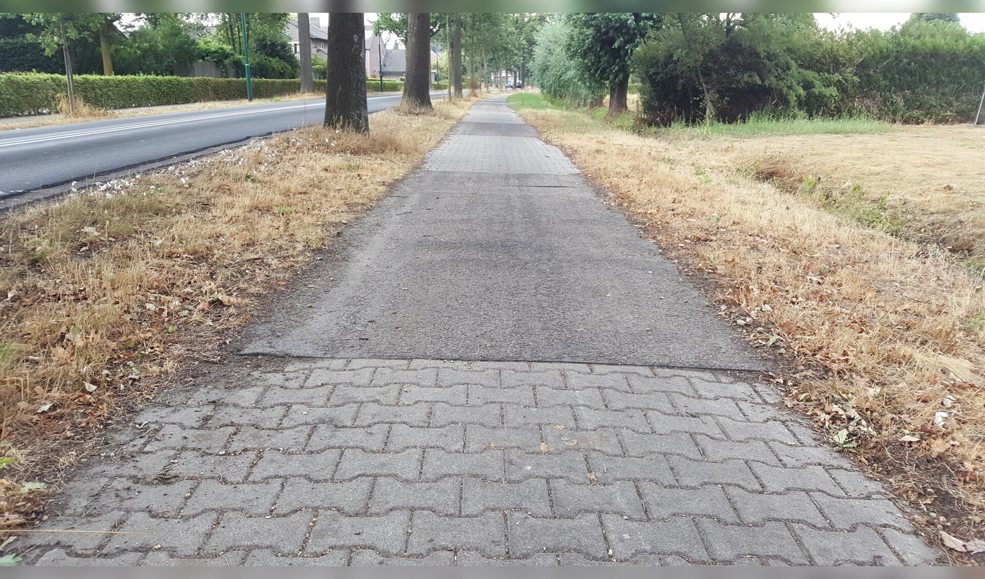 Het fietspad naast de Ollandseweg is aan beide kanten een lappendeken.