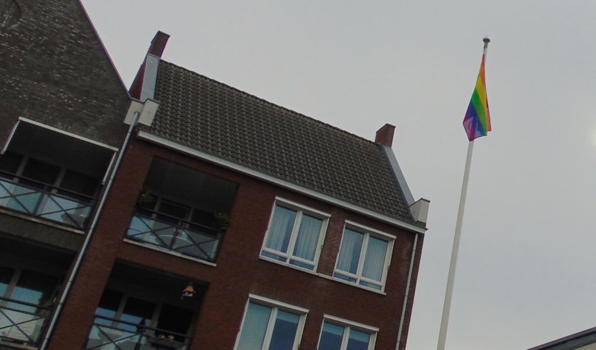 De regenboogvlag wappert bij Odendael.