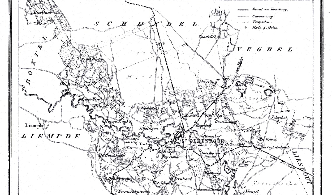 <p>Kaart van Sint-Oedenrode uit 1860 met de namen van haar buren</p>