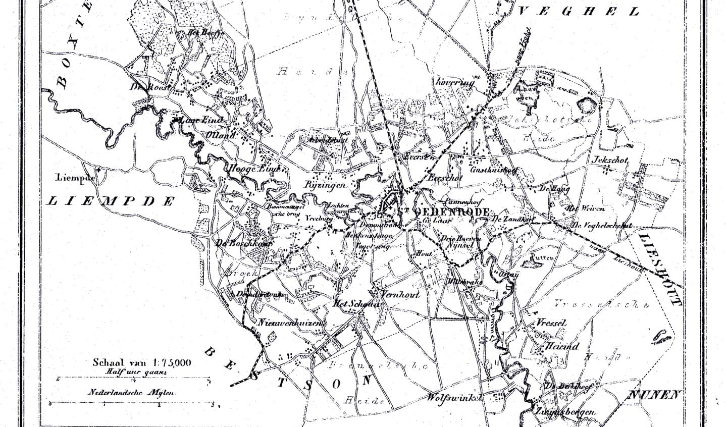 Kaart van Sint-Oedenrode uit 1860 met de namen van haar buren