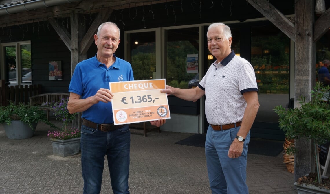 <p>Martien van den Hove (r) neemt de cheque in ontvangst van Ad de Bever.</p>