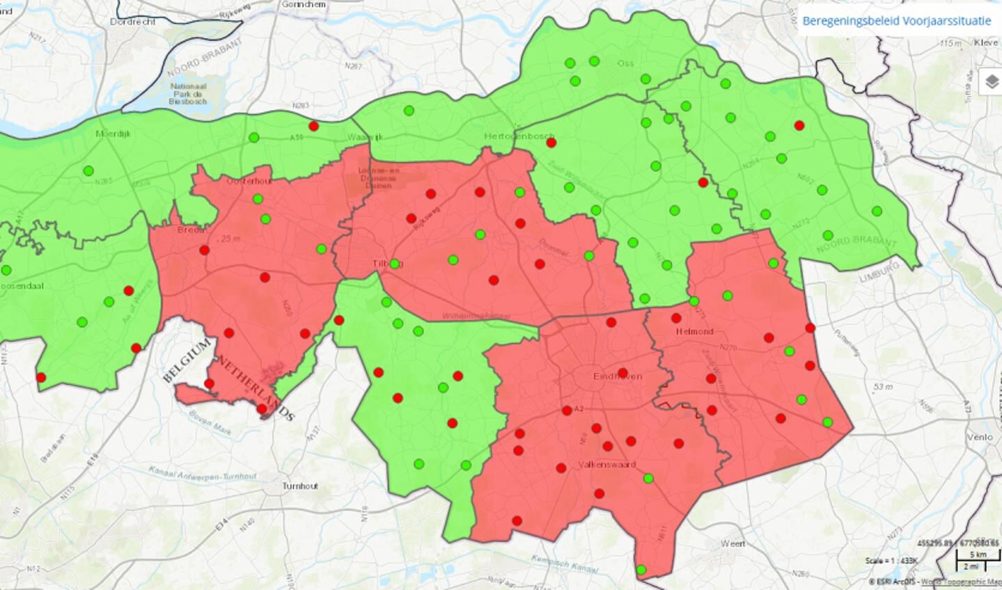 Noord-Brabant: actuele grondwatersituatie op 1 april 2022. In de 4 rode gebieden geldt tot 1 juni een grondwater onttrekkingsverbod voor het beregenen van grasland.