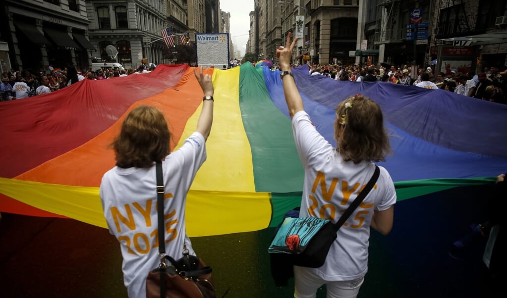 De United Methodist Church lijkt nu daadwerkelijk te scheuren op het standpunt over homoseksualiteit.  een demonstratie in 2015 in Newy York voor rechten van homoseksuelen.  (beeld epa / John Taggart)