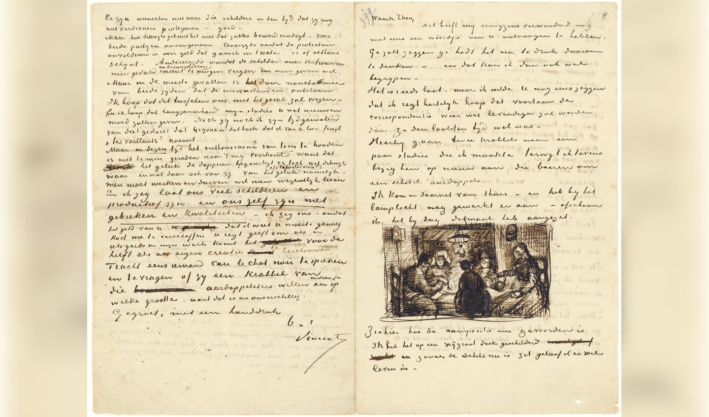 Brief van Vincent van Gogh aan Theo van Gogh met schets van 'De aardappeleters', Nuenen, 9 april 1885.