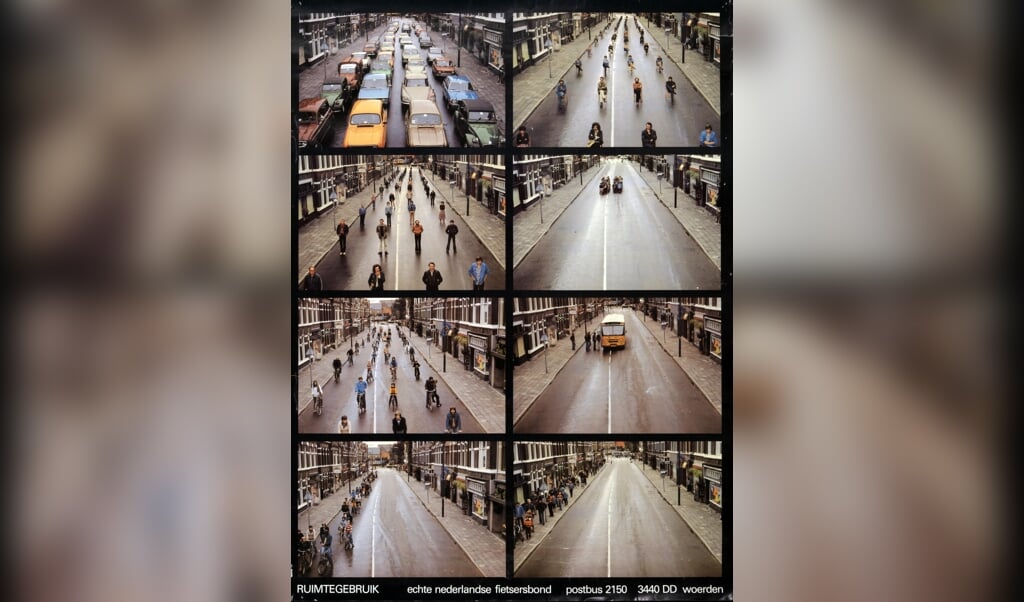 De poster van de Fietsersbond uit 1979 - gefotografeerd in de Hendrik van Viandenstraat in Amersfoort -, die duidelijk moest maken hoeveel ruimte auto's innemen in vergelijking met andere manieren van verplaatsing. (beeld Het Utrechts Archief)