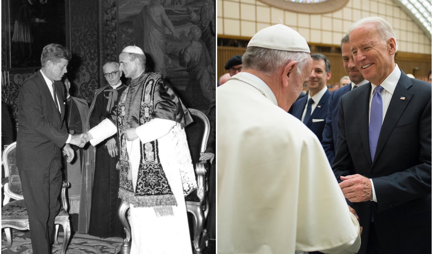 Links: Kennedy ontmoet paus Paulus VI op 2 juli 1963. Rechts: Biden ontmoet paus Franciscus op 29 april 2016.