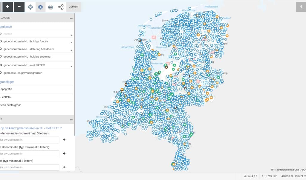 Alle kerken, synagogen, moskeeën en tempels in kaart gebracht op de website van de Rijksdienst van het Cultureel Erfgoed. (beeld nd)