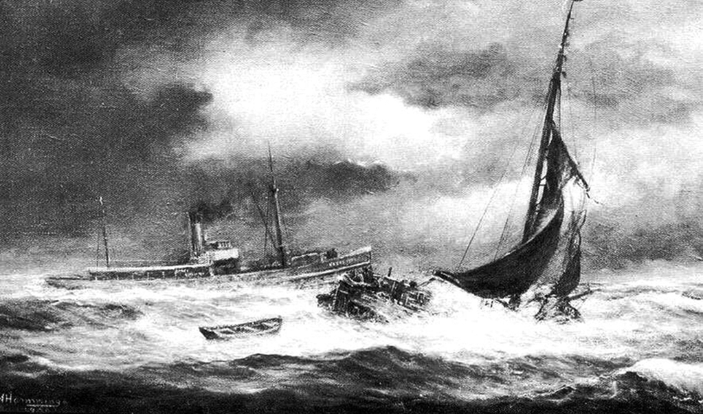 De Hoop vergaat bij Lemmer in april 1909. De kajuit werd van de boot geblazen. (beeld Groninger Archieven)