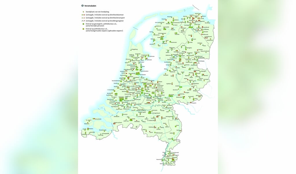 Overzichtskaart van overvallen van het verzet op distributiekantoren, bevolkingsregisters, gevangenissen en politiebureaus. (beeld uit besproken boek)