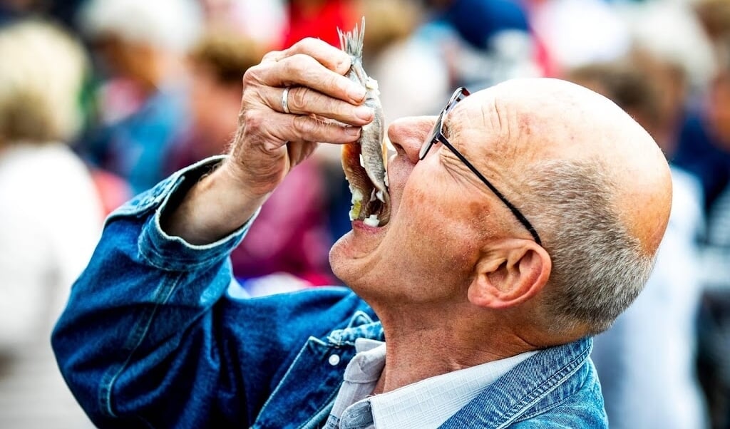 2018-06-16 11:51:44 SCHEVENINGEN - Een bezoeker eet een haring tijdens de 71e editie van Vlaggetjesdag. ANP REMKO DE WAAL (beeld anp)