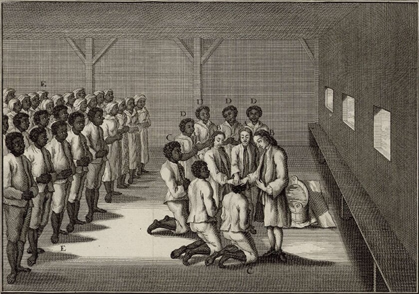 Een duiveluitdrijving bij ‘neger-dopelingen’, in een Herrnhuttersgemeente, op een prent uit 1757. Er worden drie mannen en vier vrouwen gedoopt; links de ‘neger-gemeente’. De locatie is onbekend.