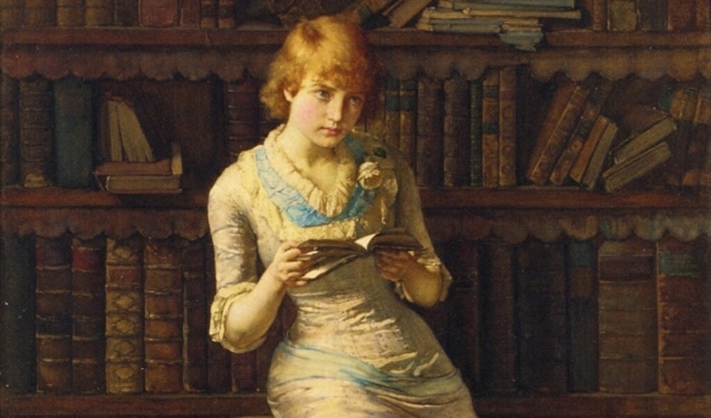 Lezende jonge vrouw op het schilderij 'Thoughts' van John Henry Henshall (1856-1928). (beeld wikimedia)