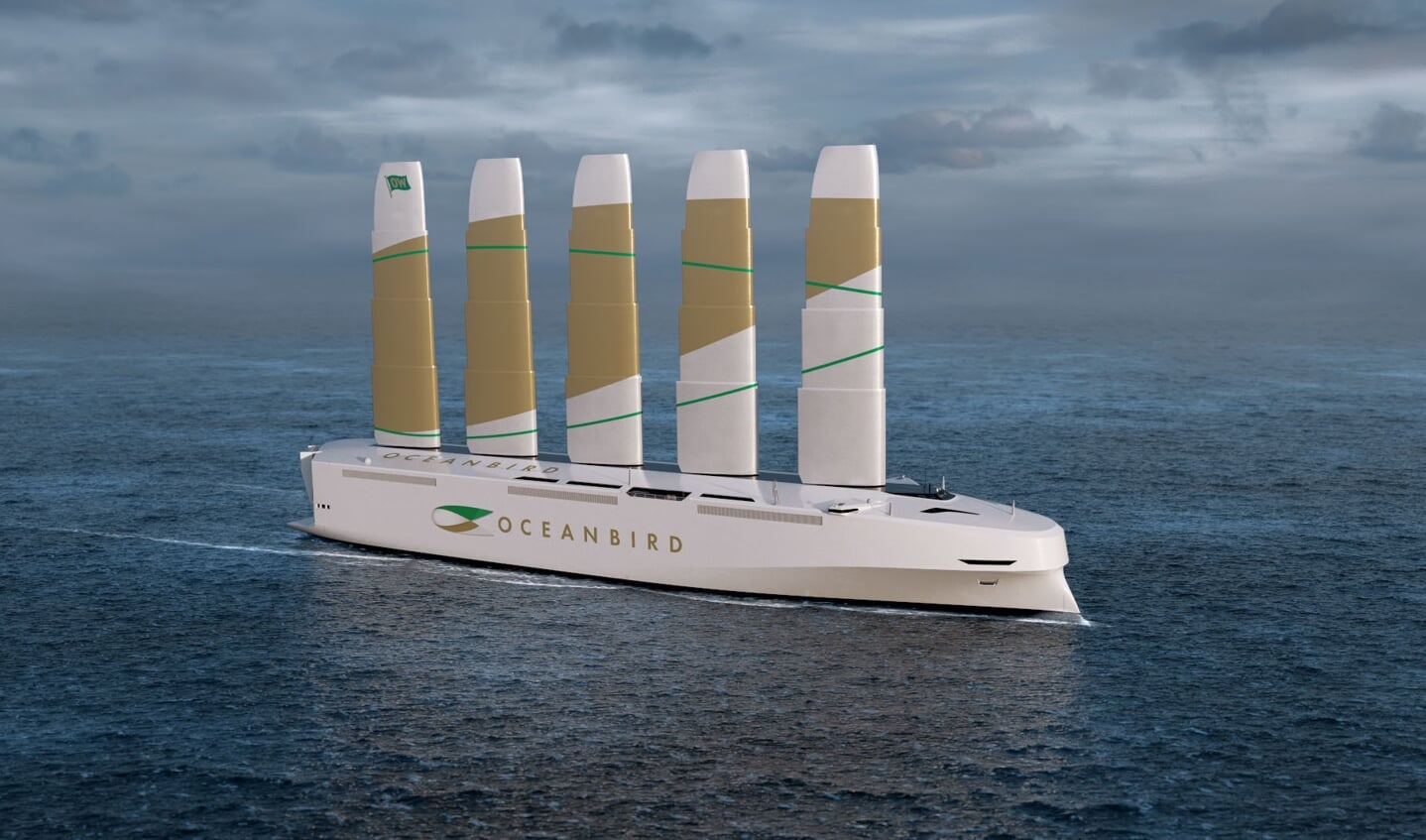 Het concept van de Oceanbird van Wallenius, 200 m. lang, 32.000 ton, met metalen zeilen tot 105 meter hoogte.
