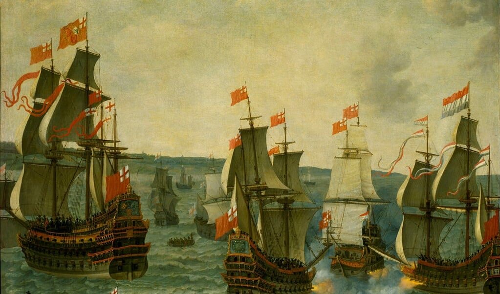 Een schilderij, olie op canvas, van Abraham Willaerts over de Slag bij de Hoofden.  (beeld Royal Museums of Greenwich (Londen) / Will Punter)