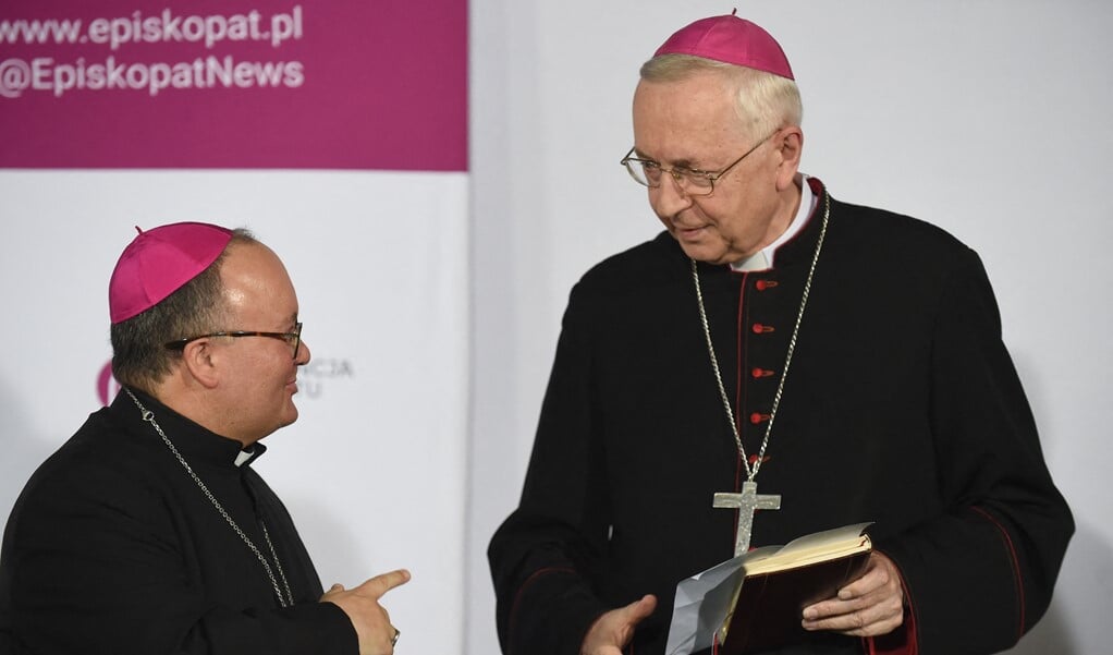 De voorzitter van de Poolse bisschoppenconferentie, aartsbisschop Stanislaw Gadecki (rechts) sprak afgelopen juni tijdens een door het Vaticaan in Warschau georganiseerd congres over seksueel misbruik met de Maltese aartsbisschop en misbruikbestrijdingsexpert Charles Scicluna (links) die in het Vaticaan werkzaam is. (beeld Janek Skarzynski / afp)
