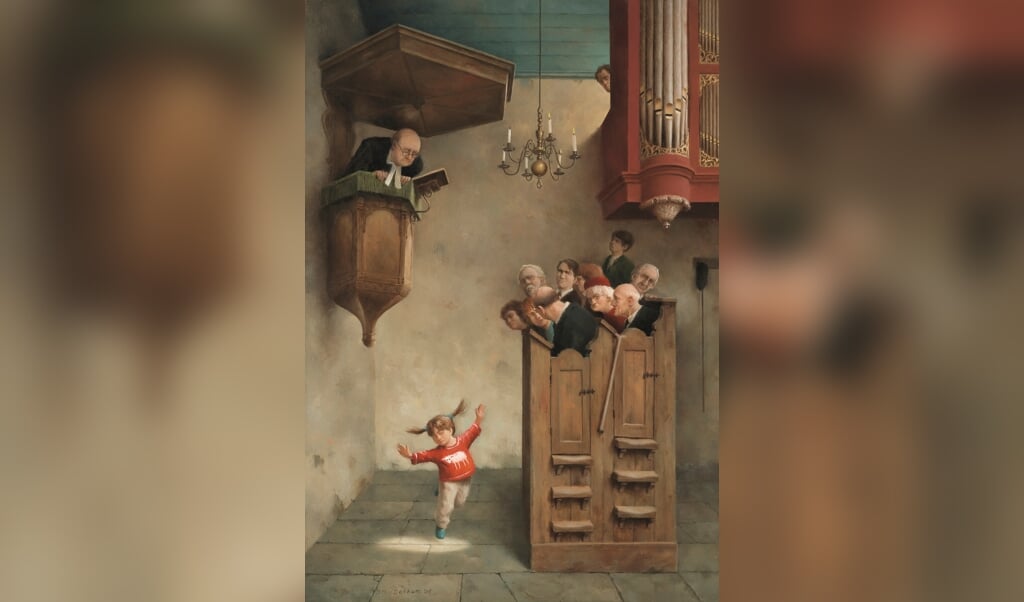 'Dansje in de kerk', het bekende schilderij van Marius van Dokkum. (beeld Marius van Dokkum ©2005 - Art Revisited, Tolbert NL)
