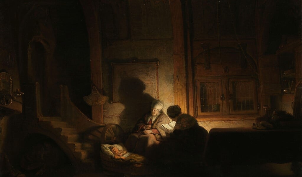 'De heilige familie bij avond' van Rembrandt van Rijn (atelier van) (1642–1648) uit het  Rijksmuseum.  (beeld museum gouda)